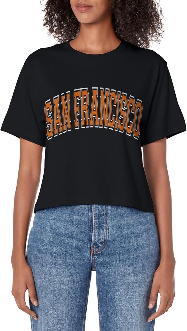 San Francisco Arched Orange Text Women's Crop Top (S, Black)
