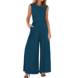 BTFBM Womens Casual Jumpsuits Dressy 2026 Spring One Piece Outfits Crew Neck Sleeveless Knit Wide Leg Pants Romper Beach(Dark Blue, Small) (Blue, S)