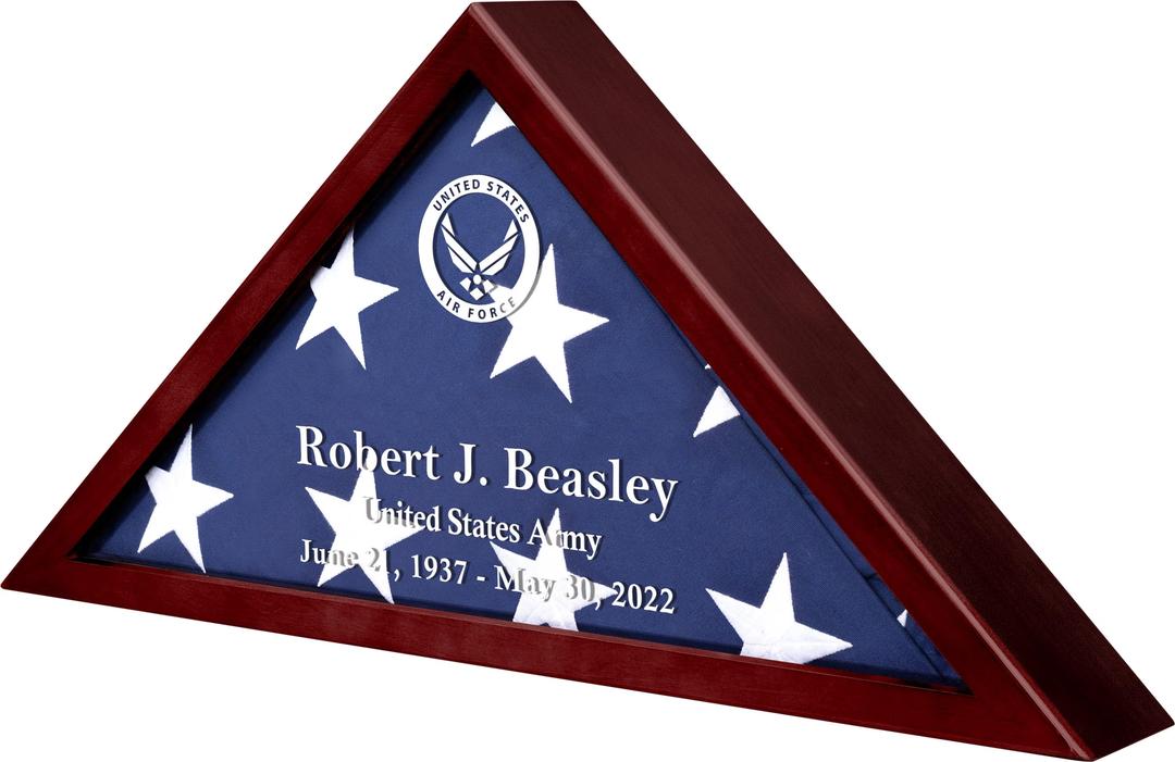 Personalized DIY Flag Case for Burial Flag by Yourself, Glass Front Walnut Display Case for Memorial 5'x9.5' Flag, Custom Name Wood Shadow Box for Military, Metal Letters and Logo Stickers Wall Mounted