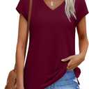 SAMPEEL Womens Summer Tops 2025 Cap Sleeve Trendy V Neck Loose Fit T Shirts (Small, Plain Burgundy)