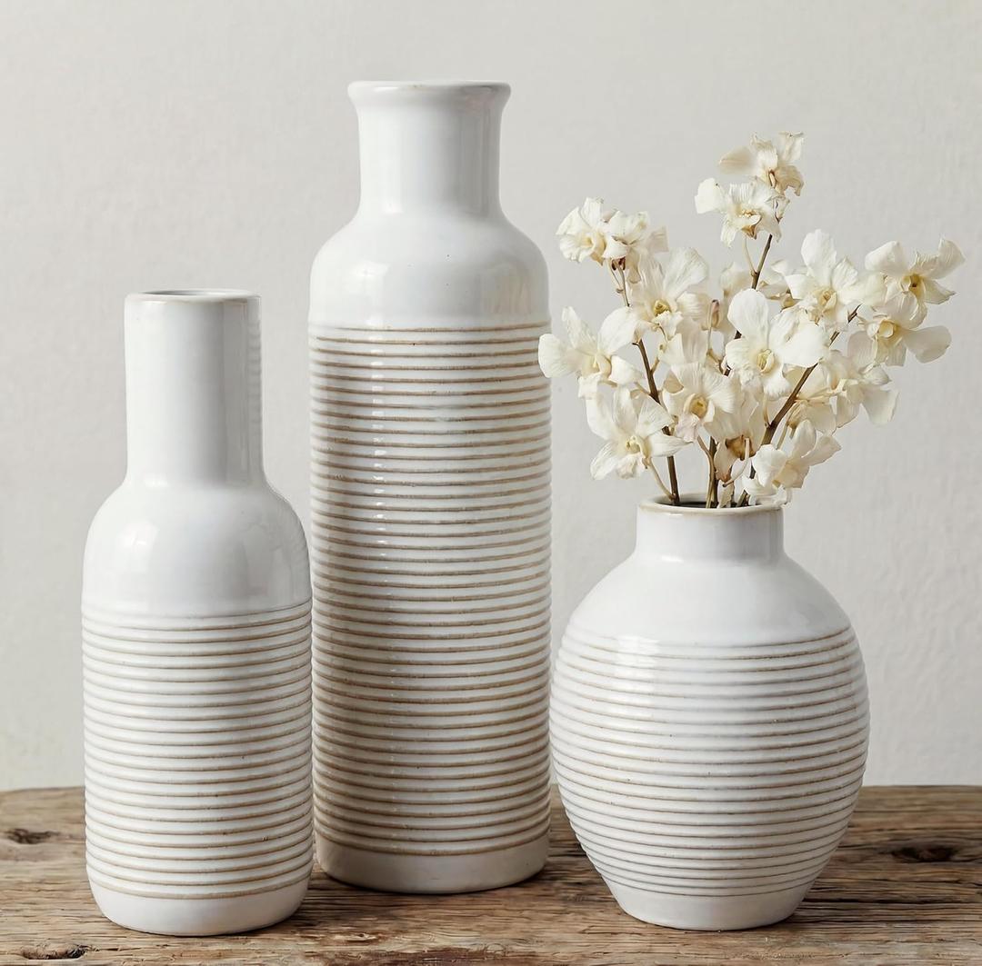 Rustic Farmhouse Vase Set of 3 - Ceramic Decorative Flowers Vases Home Decor - Pampas Grass Dried Fresh Flowers - for Centerpiece, Table, Mantel Entryway, Kitchen, Bedroom (White)