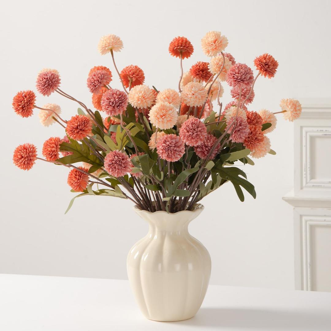 Fake Fall Flowers for Vase, Faux Silk Kiku Mums, Artificial Pom pom Floral Bouquets Indoor Centerpiece Office Coffee Table Boho Home Decorations (9, Mixed Orange)