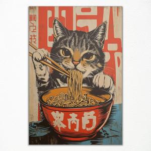 Nanxiwofee Vintage Japanese Cat Canvas Wall Art, Quirky Black Cat Eating Ramen Poster, Retro Funny Animal Food Art Print, Unique Kitchen Dining Room Wall Decor, Noodle Lover Gift 16x24in Unframed