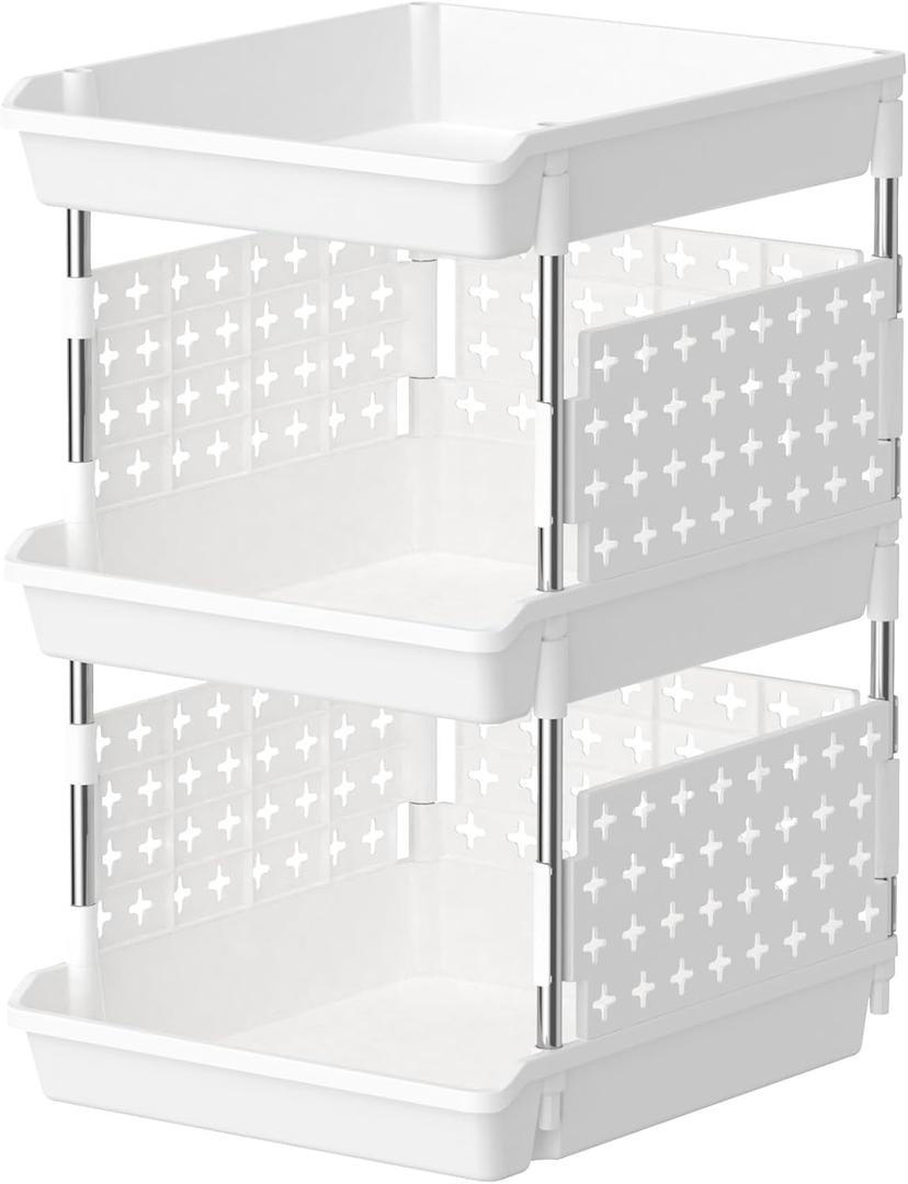 Lifewit Plastic Stackable Storage Baskets, 3 Tier Stacking Bins for Closet Wardrobe, Playroom, Kitchen and Pantry Organization, Large Capacity Multi-Functional Storage Containers Shelves, White