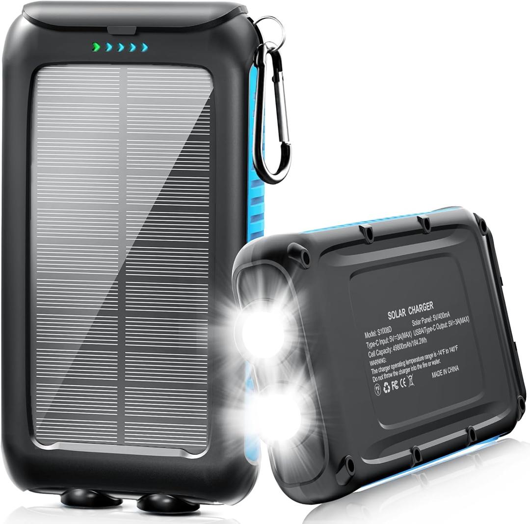 Solar-Charger-Power-Bank-49800mAh Portable Solar Phone Charger with LED Flashlight/15W Fast Charge USB C Waterproof External Backup Battery Pack for All Cell Phones & Electronic Devices (Blue), 1 Piece