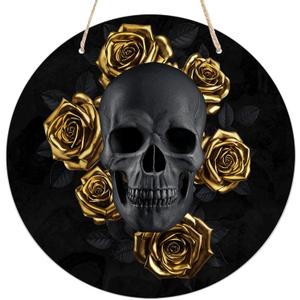 Gothic Black Skull with Gold Roses Round Wooden Hanging Sign for Home Office Wall Art Decor Door Hanger Gift 88 Inches