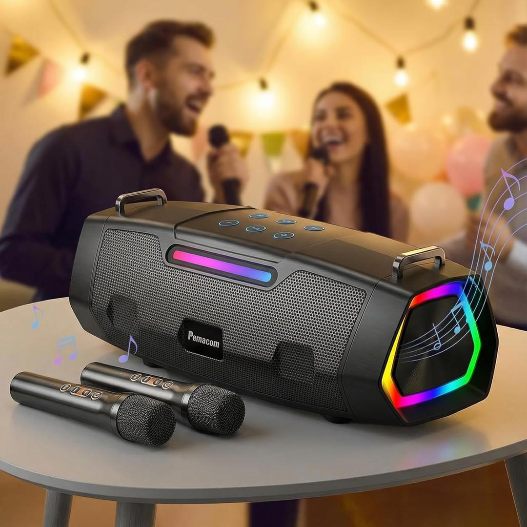 Portable Bluetooth Karaoke Machine - 60W Powerful Speaker with 2 Wireless Microphones, RGB Lights, Lightweight with Shoulder Strap, Perfect for Adults & Kids, Home & Outdoor Party