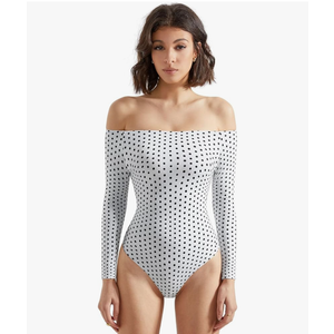 SUUKSESS Women Off the Shoulder Long Sleeve Bodysuit Double Lined Thong Bodysuit.L