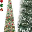 5 FT Pop Up Christmas Tree with Timer Lights and Decorations, Green Tinsel Artificial Christmas Tree with 24 Balls Ornaments, Collapsible Pencil Tree for Xmas Home Office Party Decor (Dark Green - White Edges)
