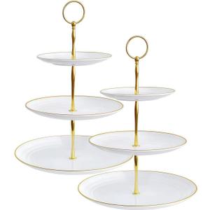RAUVOLFIA 3 Tier Plastic Cupcake Stand, Tiered Serving Cake Stand, Round White Dessert Stand, Weddings Parties Pastry Serving Tray (2 Pack, White Plate with Gold Rim)