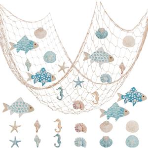16pcs Nautical Fish Net Wall Decoration Nature Fishing Fishnet Wooden Decor Shells Seahorse Starfish Whelks Decorative Hangings Pirate Party Mediterranean Wedding (Sky Blue)