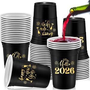 Mifoci 100 Pack Happy New Year Disposable Thick Cups 16oz Happy New Year 2026 Holiday Cups Decorations for Festive Party Favors Eve Party Supplies, Gold and Black