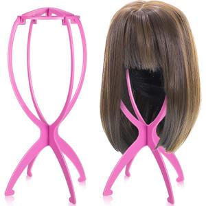 obeoby Pink Wig Stand, Portable Wig Holder Wig Head Stand for All Wigs Travel Wig (Pink (2pack))