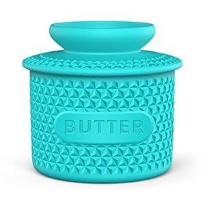 Silicone Butter Crock with Lid, French Butter Dish for Fresh Spreadable Butter, Butter Keeper to Leave On Counter, Butter Container Holder with Water Line for Kitchen and Home Decor-6oz/ Lake Blue