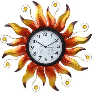 Large Outdoor Clock with Thermometer & Humidity - Silent Non-Ticking Sun Outdoor Wall Clock for Patio, Garden, Kitchen, Living Room(Yellow)