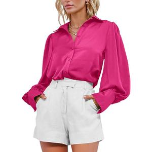 BTFBM Women Satin Button Down Shirts Summer Spring Lantern Long Sleeve Lapel V Neck Blouse Loose Casual Office Work Tops, Size S