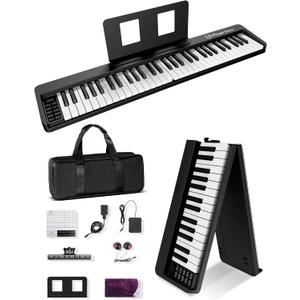 Finger Dance 61 Key Folding Piano Keyboard, Upgrand Imitation Wood Texture Keyboard Portable Piano, Bluetooth & MIDI, Foldable Keyboard Piano for Beginner - Deep Black