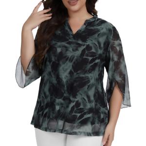 Betu Women's Plus Size Tops 3/4 Ruffle Sleeve Casual Work Mesh Blouses Printed Tunics Shirts (XXL)