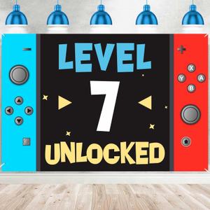 Level Up Happy 7th Birthday Banner Backdrop Background Photo Booth Props Video Game Youth Theme Decor for Boys Girls Birthday Party Baby Shower Favors Supplies Decorations