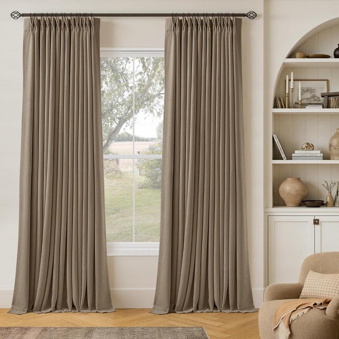 l05 Inch Linen 100% Light Blocking Curtains Drapes 105 Inches Long 2 Panels Set for Bedroom Neutral Pinch Pleated Black Out Thermal Light Brown Curtain for Summer Heat Energy Efficient Latte