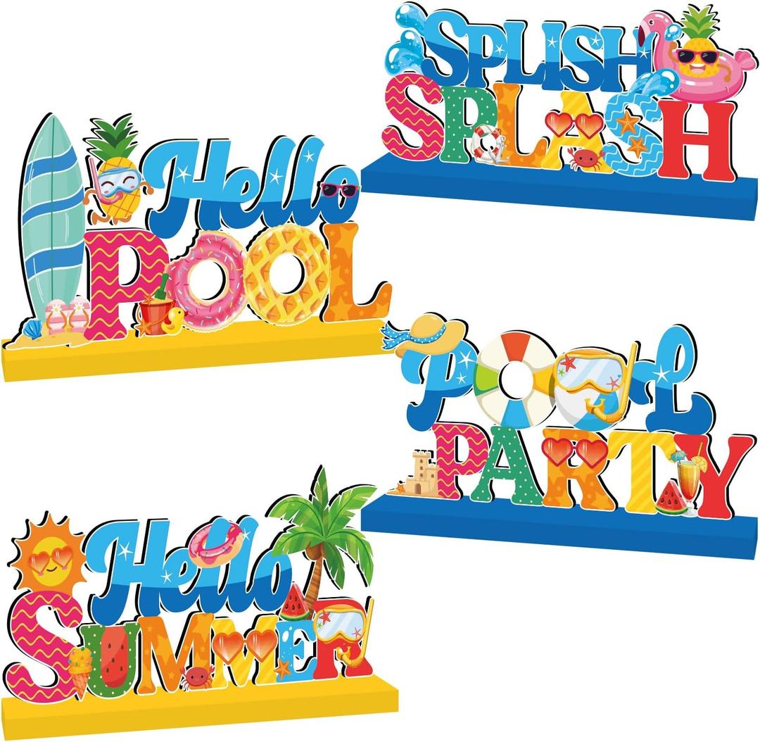 4pcs Pool Party Decorations Wood Table Centerpieces,Hello Summer Splish Splash Party Table Decorations Hawaii Tropic Style Wooden Tabletop Decor for Summer Holiday