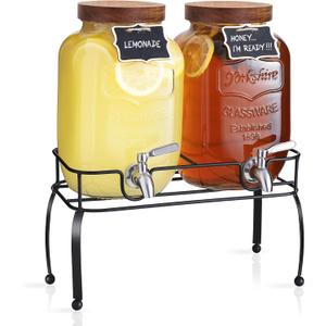 Mustry Glass Drink Dispenser for Parties, 1 Gallon Beverage Dispenser with Stand and Spigot Solid Stainless Steel, Used as Lemonade Dispenser Sun Tea Jar Kombucha Jar, Set of 2