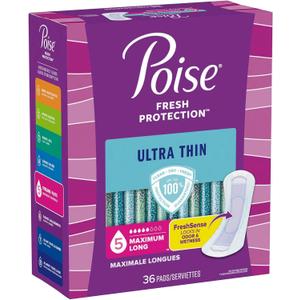 Poise Fresh Protection Ultra Thin Female Incontinent Pad Long Length 14.1 Inch Length 54352, 108 Ct
