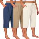 Huukeay 3 Pack Women's Plus Size Capris, Drawstring Cotton Yoga Capri Sweatpants Summer Casual Loose Cropped Pant with Pocket (XX-Large, Blue, Khaki, Cream)
