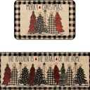 Christmas Kitchen Rugs Set of 2, Christmas Rugs for Kitchen, Buffalo Plaid Xmas Tree Merry Christmas Kitchen Mats, Winter Home Decor Low-Profile Kitchen Rugs, 16x24 and 16x47 Inch