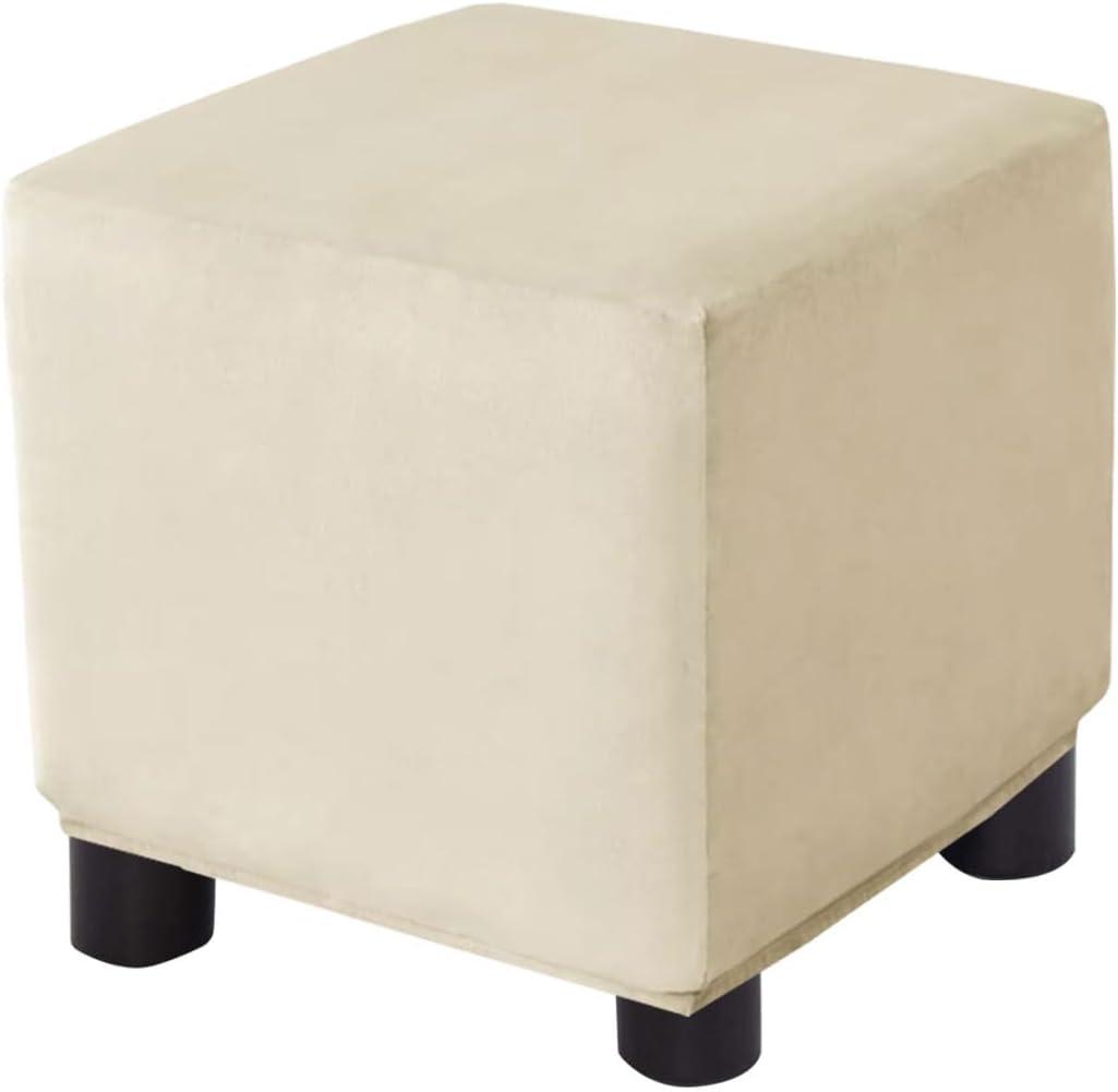 Ottoman Cover Square Velvet Storage Ottoman Slipcovers Thick Stretch Footrest Foot Stool Covers Protector with Elastic Band(Small-Beige)