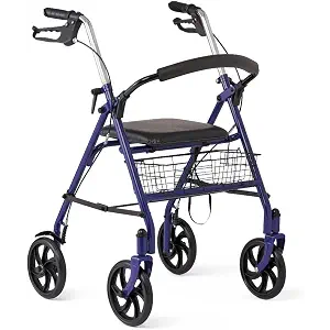 Medline Steel Rollator Walker with Seat, Blue, 300 lb. Weight Capacity, 8” Wheels, Foldable, Adjustable Handles, Rollator Walker for Seniors, Rolling Walker for Mobility Impairment