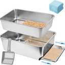 23.5" x 15.7" x 8" Stainless Steel Sifting Litter Box for Pine Pellets, XXL Large Pull-Out Cat Litter Box for Big Cats with High Sides, Metal Cat Litter Pan with Plastic Scoop &10 Urine Pads