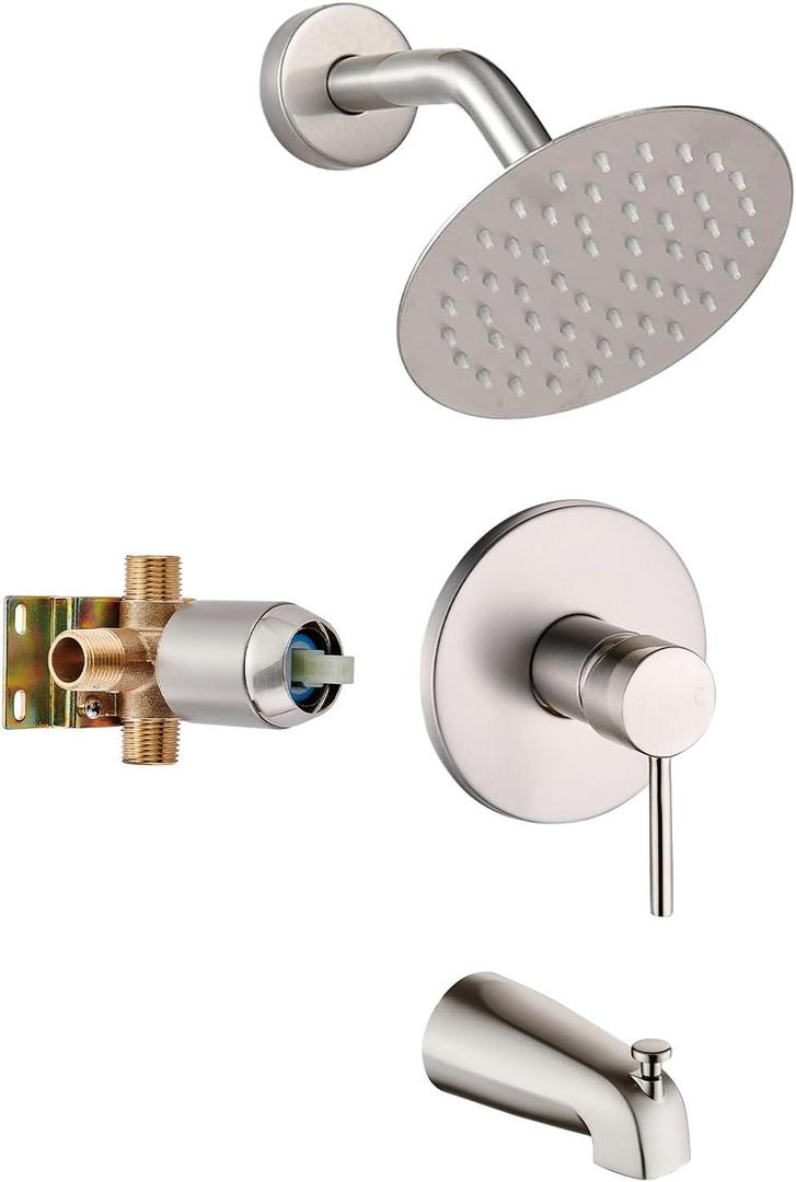 Brushed Nickel Tub Shower Faucet Set Complete with 6-Inch Rainfall Shower Head and Tub Spout Included Shower Valve Tub Shower Trim Kit Round