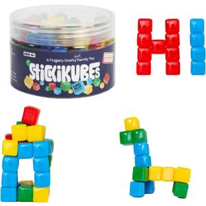 KOMARC GAMES StickiKubes, Mini Stacking Cubes That Stick to Anything, Non Toxic Kid Safe Sticky Blocks, Creative Construction Toy - 125 Cubes, 4 Colors, Tub