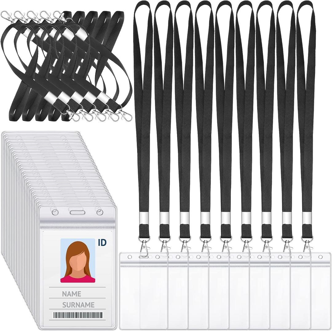 Shappy 100 Pcs Name Tag Lanyards with ID Holder Bulk Vertical Name Badge Holders Card Waterproof Clear Plastic Holder Transparent with Swivel Hook for Office Supplies 65 x 115 mm(Black)