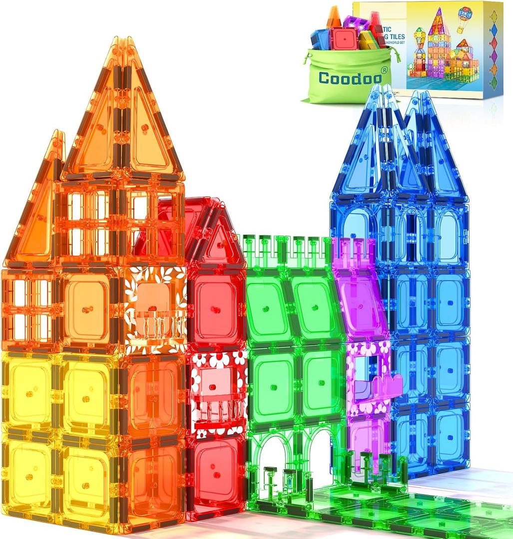 Coodoo 60 PCS Magnetic Building Tiles Kids Toys STEM Magnetic Blocks Sensory Toys Kids Games Magnet Building Toy for Boys and Girls Aged 3+, Kid Brain Development Preschool Kindergarten Toddler Toy, Magnetic Tiles Rainbow Theme