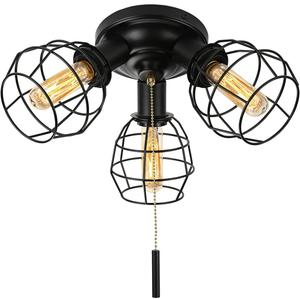 Pull Chain Light Fixture, 3 Light Semi Flush Mount Ceiling Fixture, Vintage Pendant Light Fixture for Porch/Hallway/Kitchen/Bedroom, Bulb Not Included, Black