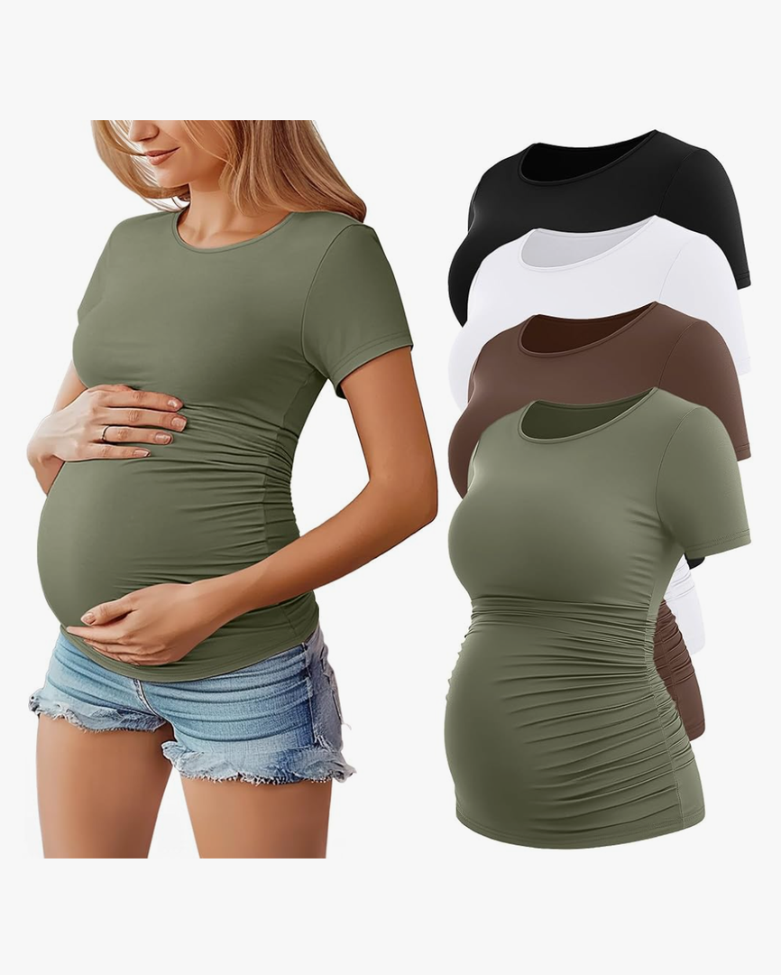 Huukeay 4 Pack Women's Maternity Shirts, Crew Neck Maternity Top Short Sleeve Casual Cotton Tee Side Ruched Pregnancy Clothes Large