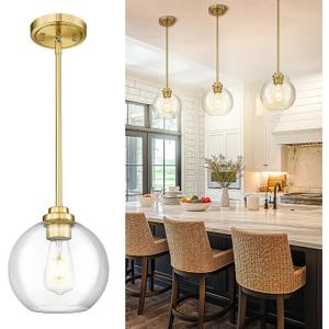 8 inch Modern Gold Pendant Light Fixtures, Mid Century Globe Pendant Lights with Clear Glass, 1 Light Hanging Lights for Kitchen Island, Bathroom, Dining Room (1 Pack), PL101BG-L