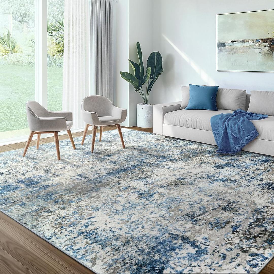Washable Area Rug for Living Room: 8x10 Modern Abstract Neutral Soft Rug for Bedroom Dining Room No Slip Low Pile Carpet for Nursery Home Office - Grey/Blue