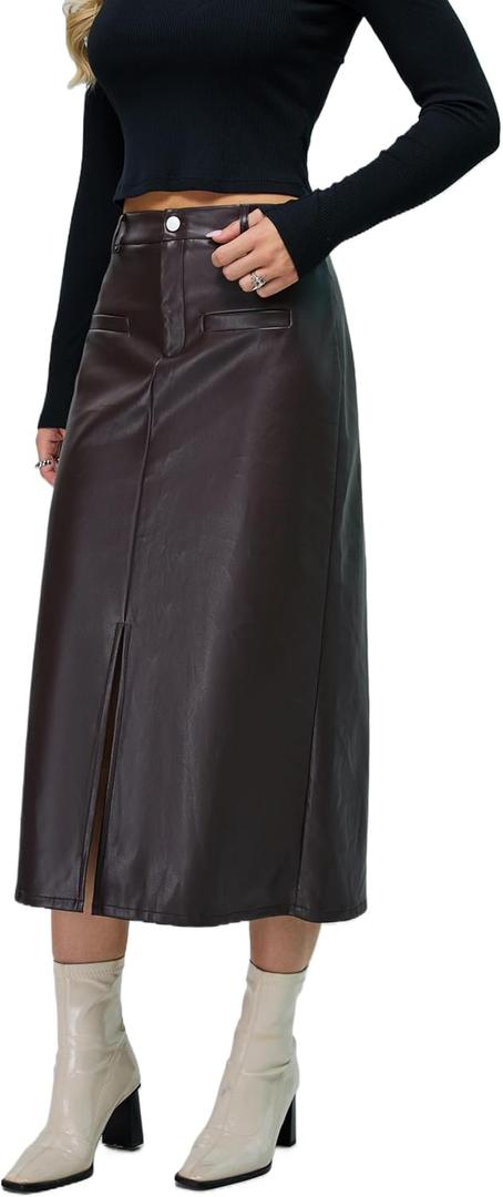 Long Leather Skirts for Women High Waist Front Slit Bodycon A-Line Winter Midi Skirt, M