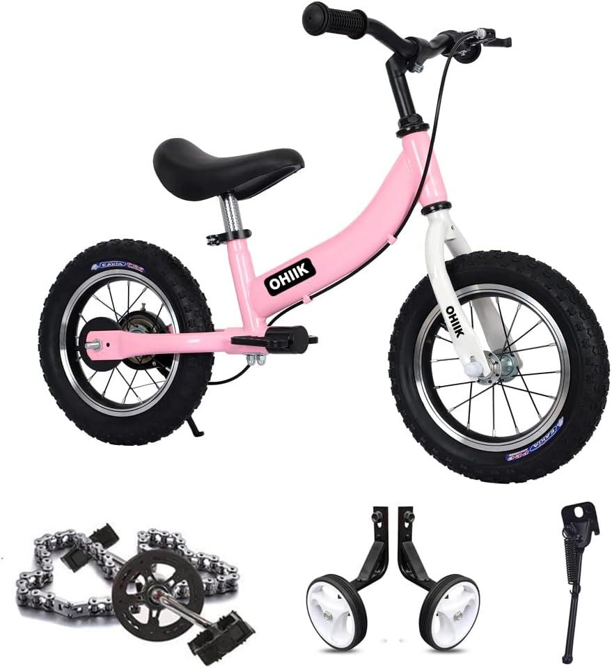 OHIIK Balance Bike 2 in 1 for Kids 2 3 4 5 6 7 Years Old, Balance to Pedals Bike, 12 14 16 inch Kids Bike, with Pedal kit, Training Wheels, Brakes (12 inch, Pink)