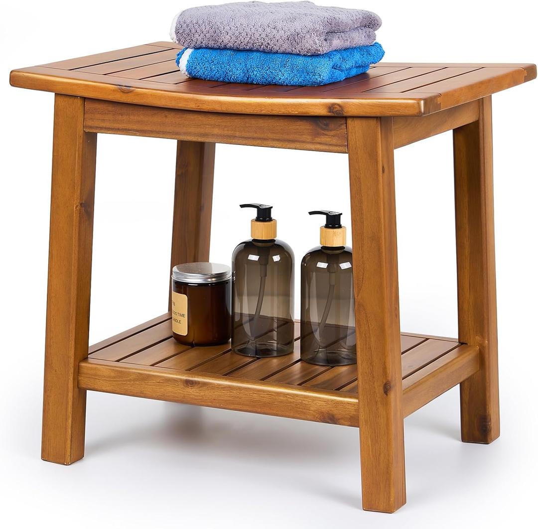 Teak Shower Bench, 20" Solid Wood Shower Stool Waterproof Shower Seat with Storage Shelf for Bathroom, Indoor & Outdoor Use Teak Shower Bench, 20" Solid Wood Shower Stool Waterproof Shower Seat with Storage Shelf for Bathroom, Indoor & Outdoor Use