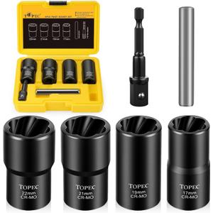 Topec 6PCS Lug Nut Removal Tool, 1/2-Inch Drive Wheel Lock Removal Kit, 17,19,21,22mm Stripped Lug Nut Remover, Extractor Socket Set for Broken, Damaged, Rounded Bolts