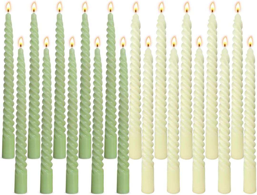 10 Pack Ivory and 10 Pack Sage Green Spiral Taper Candles for Home Decor, 10 Inch Unscented Dripless Twisted Candlesticks for Weddings Dinner Holiday Decoration Formal Events
