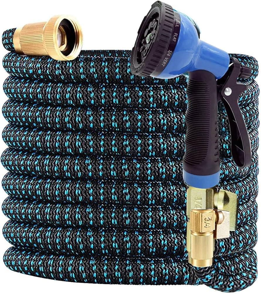 100 ft Expandable Garden Hose - 2025 New Flexible Expanding Water Hose 100ft with 10 Pattern Spray Nozzle, Solid Brass Connectors, Reinforced Fabric, Retractable Latex Core - Lightweight & Kink Free (Hose Only)