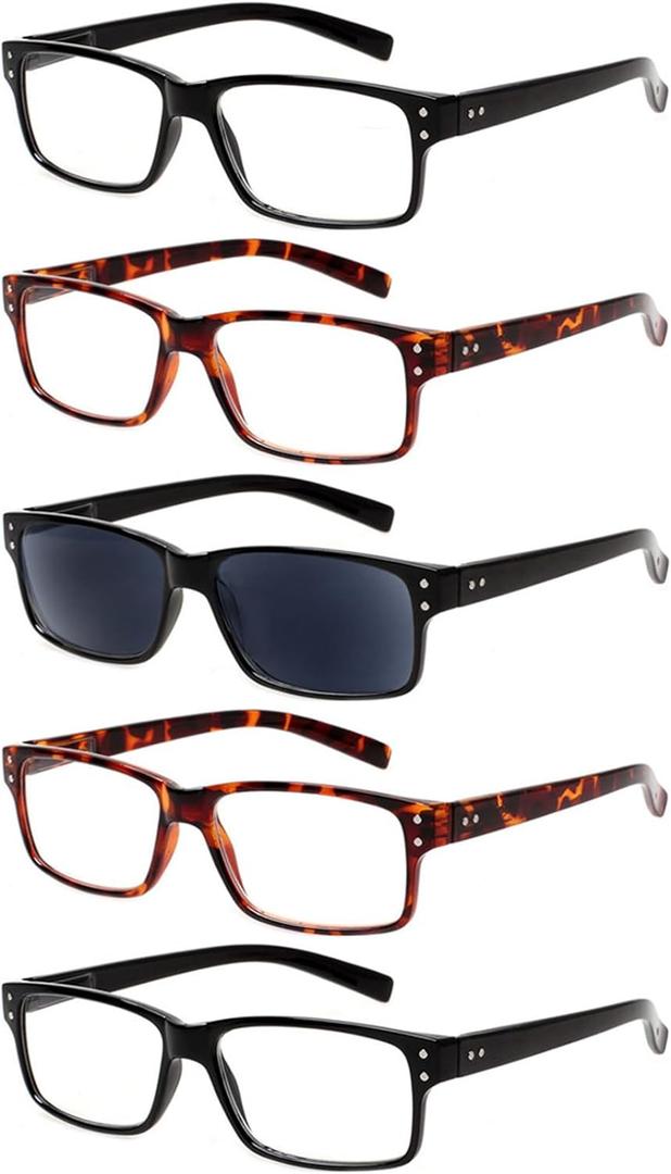 NORPERWIS Reading Glasses 5 Pairs Quality Readers Spring Hinge Glasses for Reading for Men and Women (2 Black 2 Tortoise 1Sun, 2.50)
