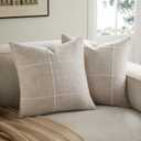 2 Packs Grid Embroidery Throw Pillow Covers, 20x20 Inch Taupe, Farmhouse Linen Decorative Light Brown Cushion Covers for Sofa Bed Living Room Home Decor
