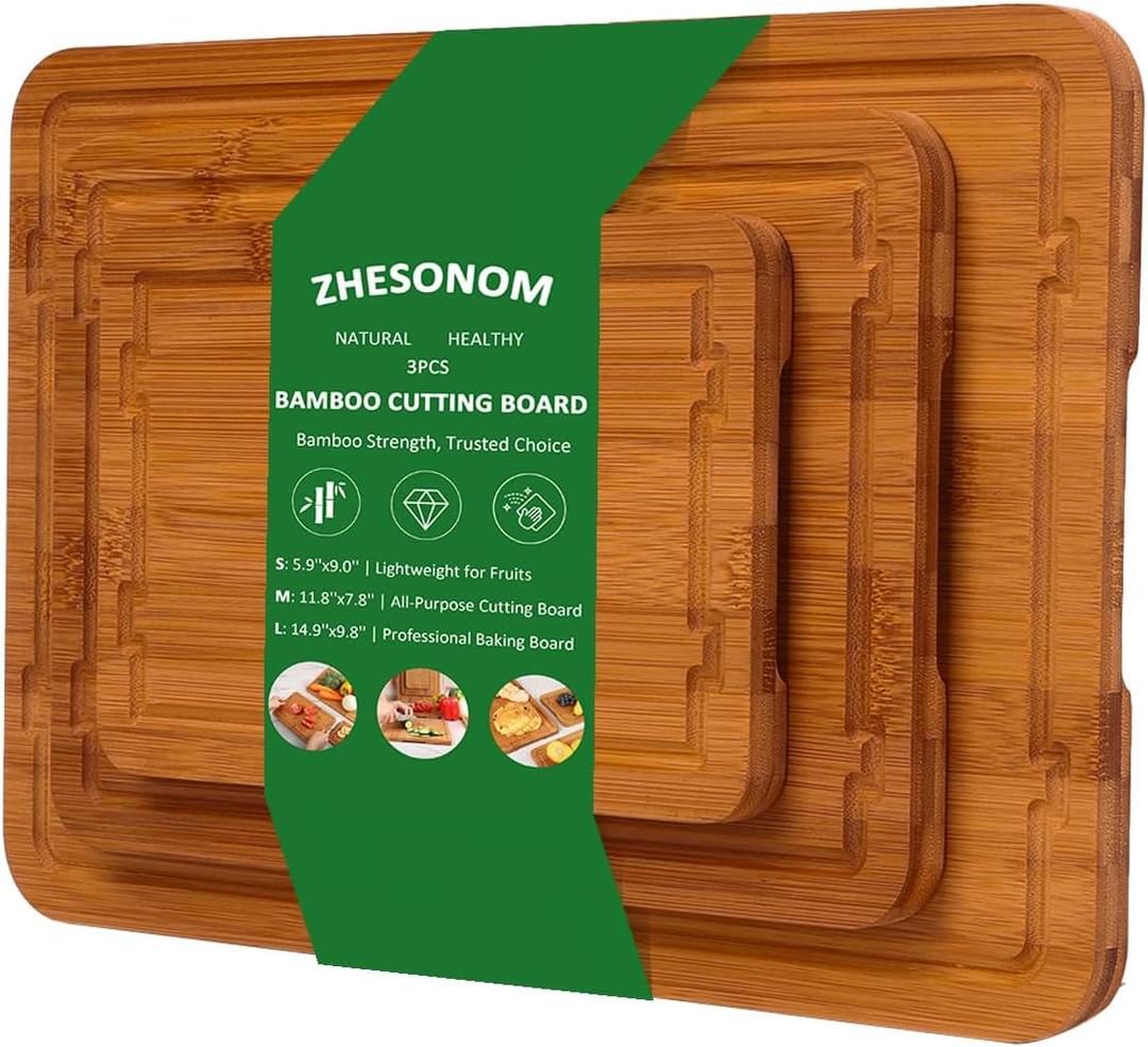 Bamboo Cutting Boards for Kitchen Meal Prep & Serving Set of 3, Wooden Chopping Boards with Juice Grooves & Handles for Meat, Vegetables Easy Clean Ideal Kitchen Gift for Home Cooks & Wedding
