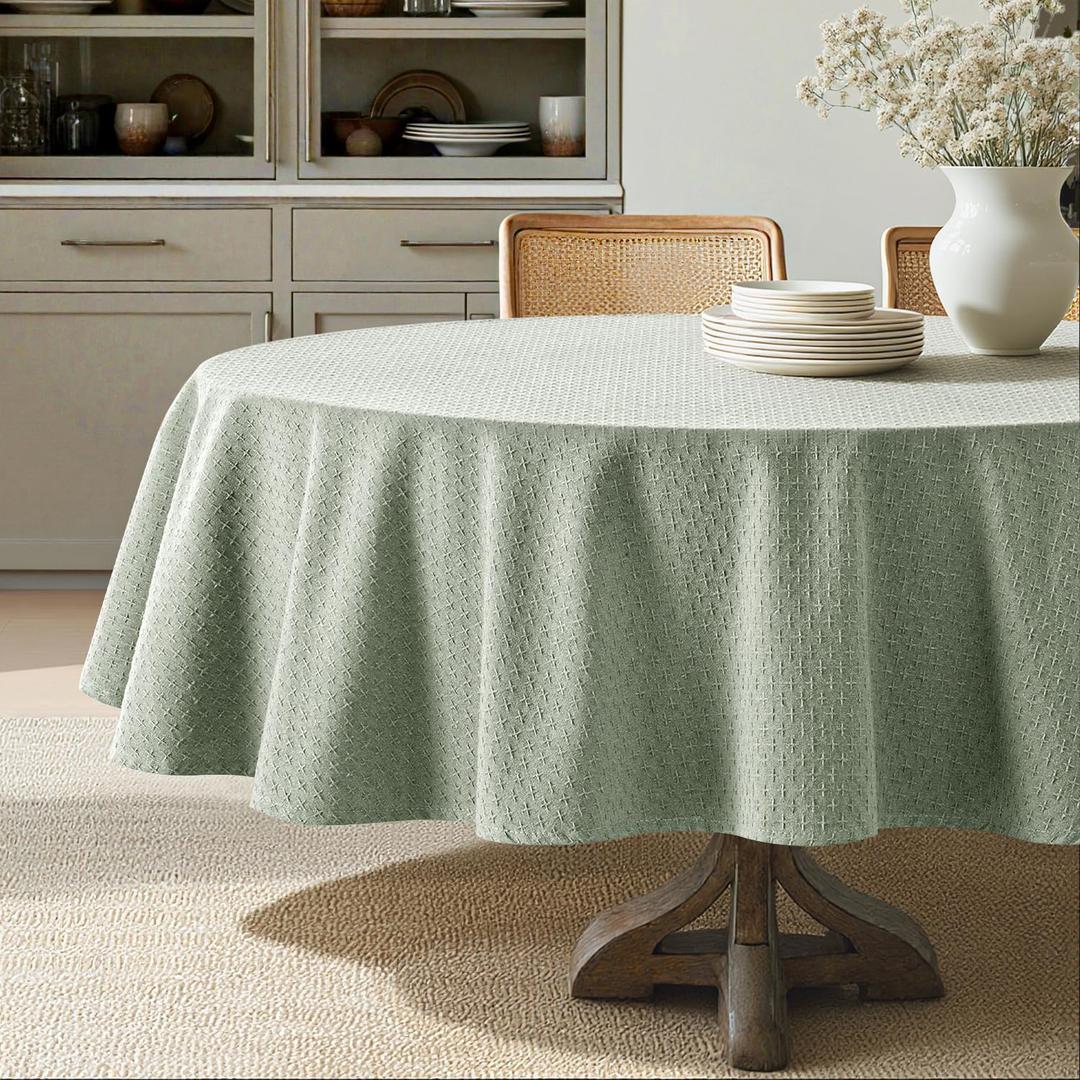 MIULEE Sage Green Linen Cotton Table Cloth Round Tablecloth Waterproof Spillproof Cross-Star Textured Table Cltoth Decorative Farmhouse Style for Dining Party Weddings 60 Inch